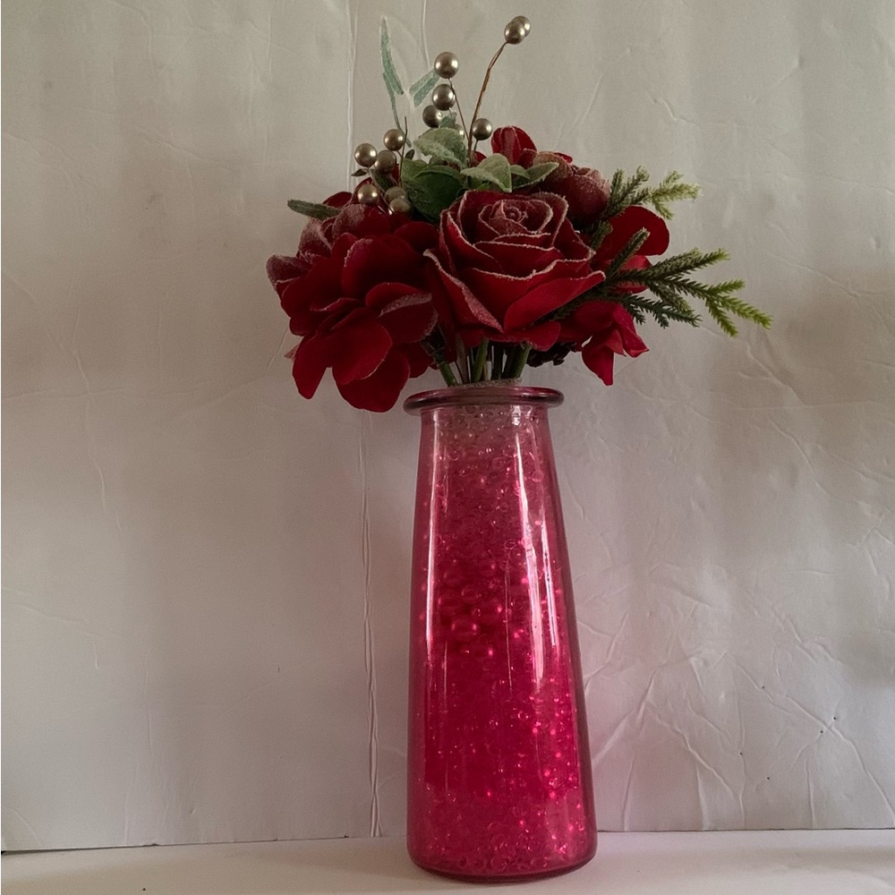 Red Floral Arrangement in balayage red glass vase